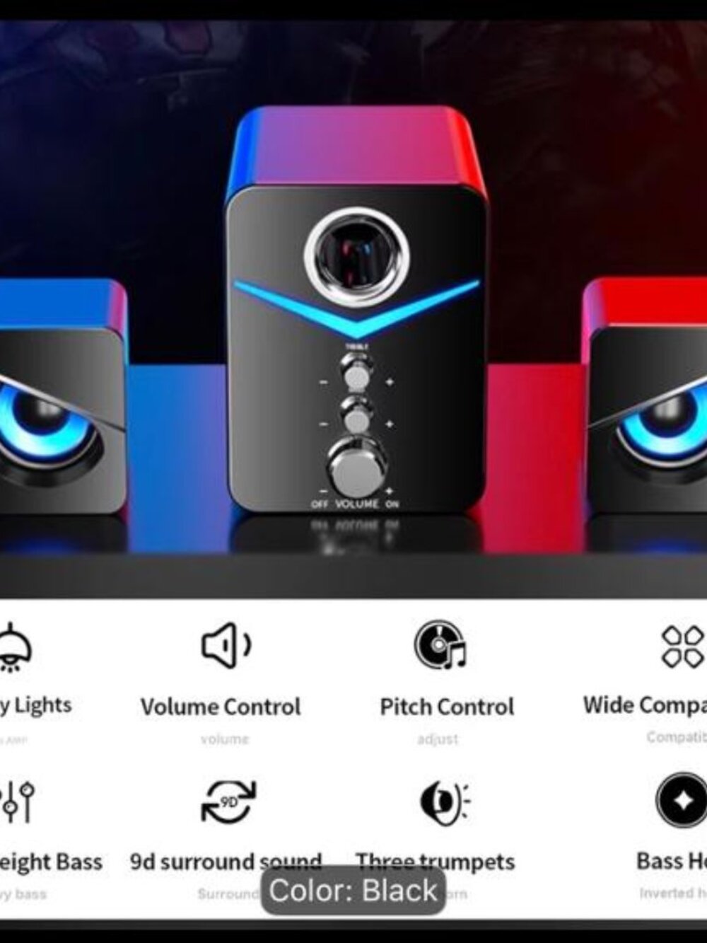 NEW- 3PC 3 in 1 Surround Sound Computer Speakers with Subwoofer, LED Light - Picture 7 of 8